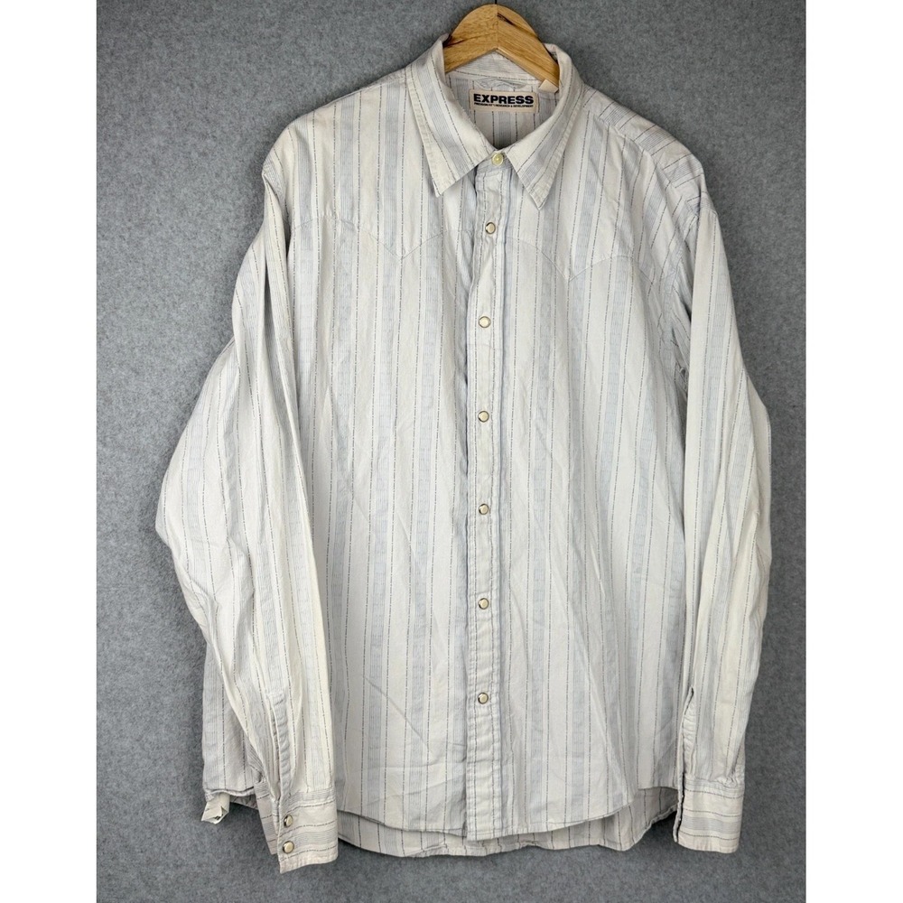 Express XL Shirt Blue White Stripe Metal Snap Button Long Sleeve stripe